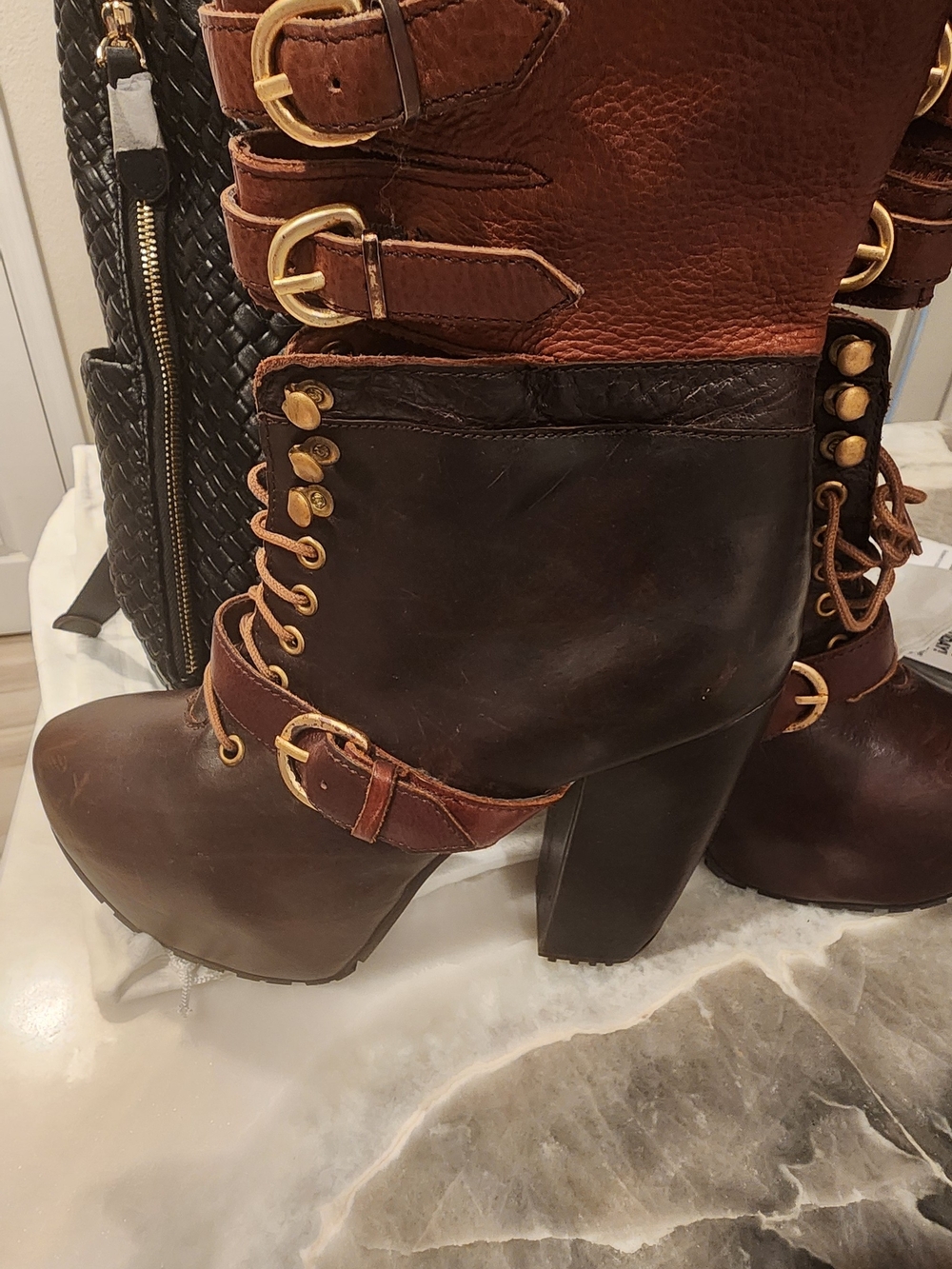 MIISTA Andee Brown Leather Platform Buckle Lace Up Boots Y2K